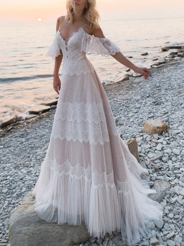A Line Deep V Neck Boho Wedding Dresses Straps Lace Short Sleeve Bridal Gown With Sweep Train