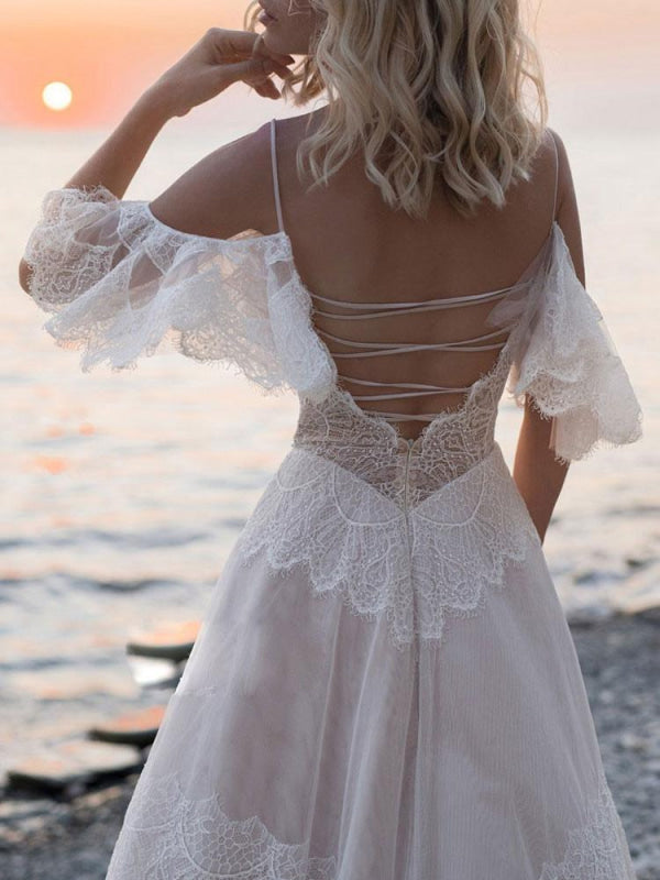 A Line Deep V Neck Boho Wedding Dresses Straps Lace Short Sleeve Bridal Gown With Sweep Train