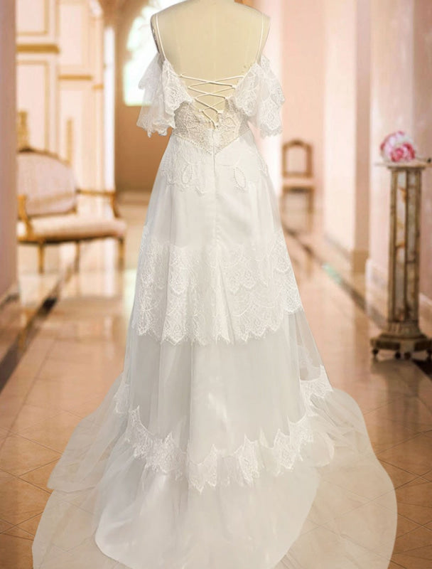 A Line Deep V Neck Boho Wedding Dresses Straps Lace Short Sleeve Bridal Gown With Sweep Train