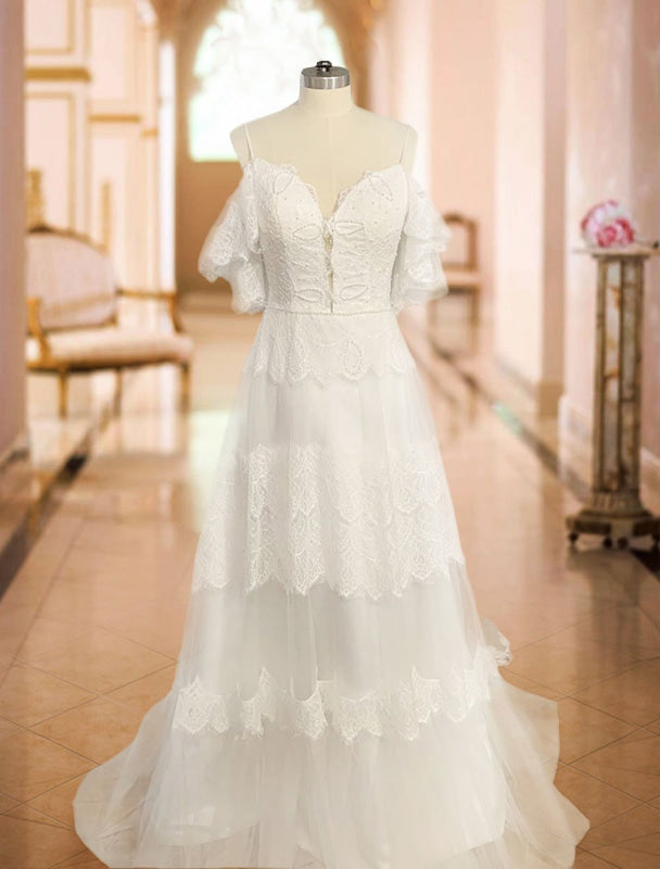 A Line Deep V Neck Boho Wedding Dresses Straps Lace Short Sleeve Bridal Gown With Sweep Train