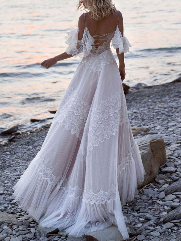 A Line Deep V Neck Boho Wedding Dresses Straps Lace Short Sleeve Bridal Gown With Sweep Train