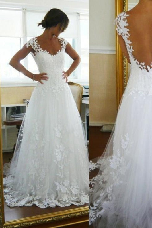 White Sleeveless A-Line Lace Wedding Dress with Straps