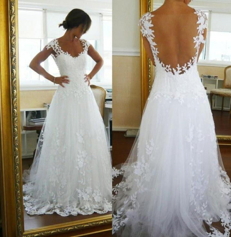 White Sleeveless A-Line Lace Wedding Dress with Straps