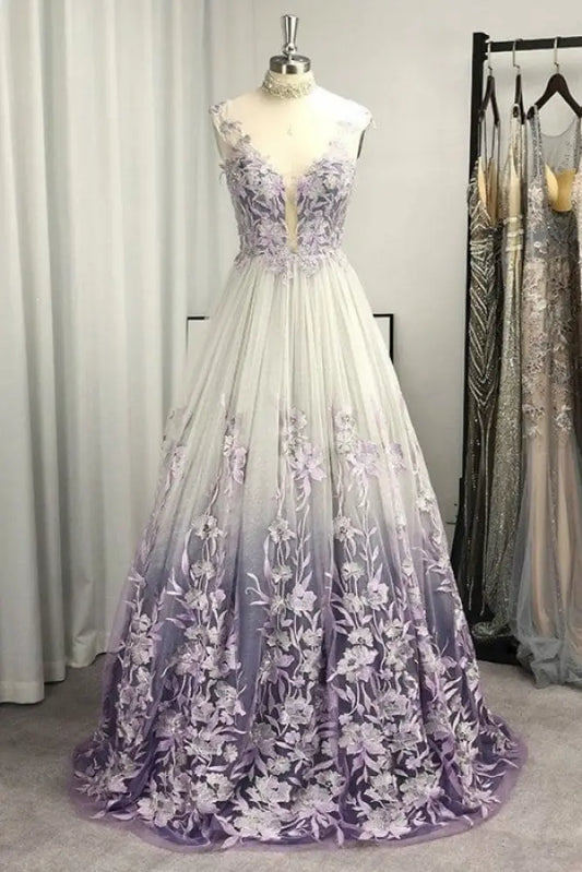 A-Line/Princess V-neck Tulle Applique Sleeveless Floor-Length Dresses