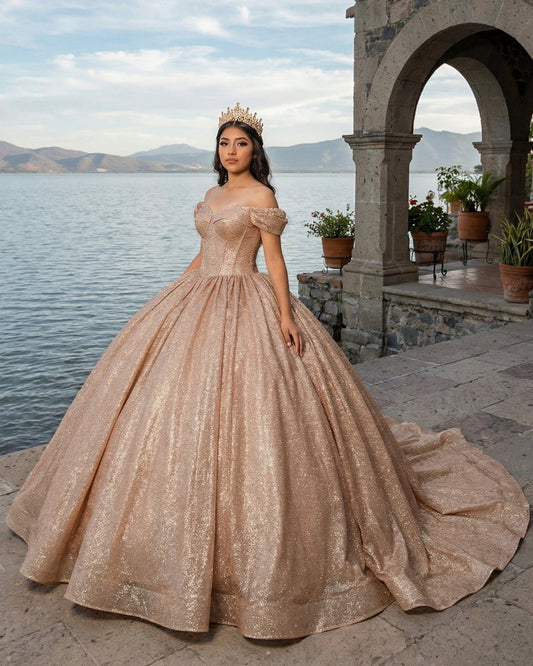 Champagne Sparkle Ball Gown Off-the-Shoulder Short Sleeves Quinceanera Dress
