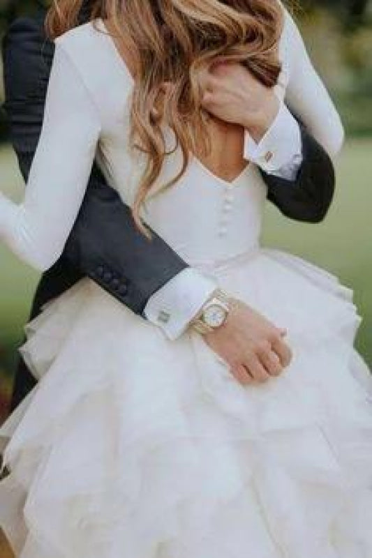 A-Line Tulle Long Sleeves Beach Wedding Dress Sweep Train
