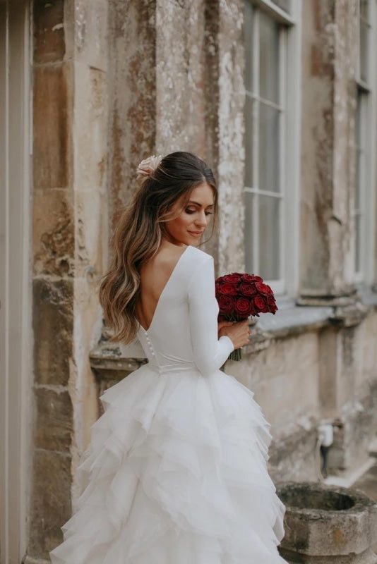 A-Line Tulle Long Sleeves Beach Wedding Dress Sweep Train