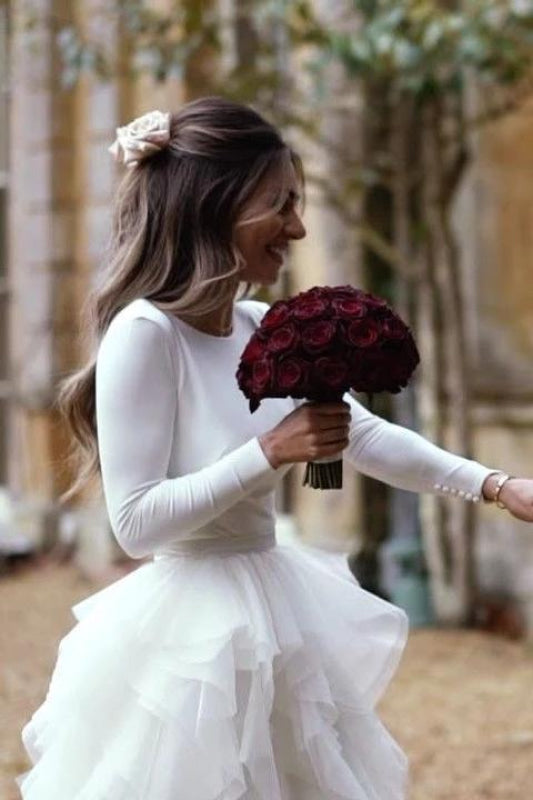 A-Line Tulle Long Sleeves Beach Wedding Dress Sweep Train