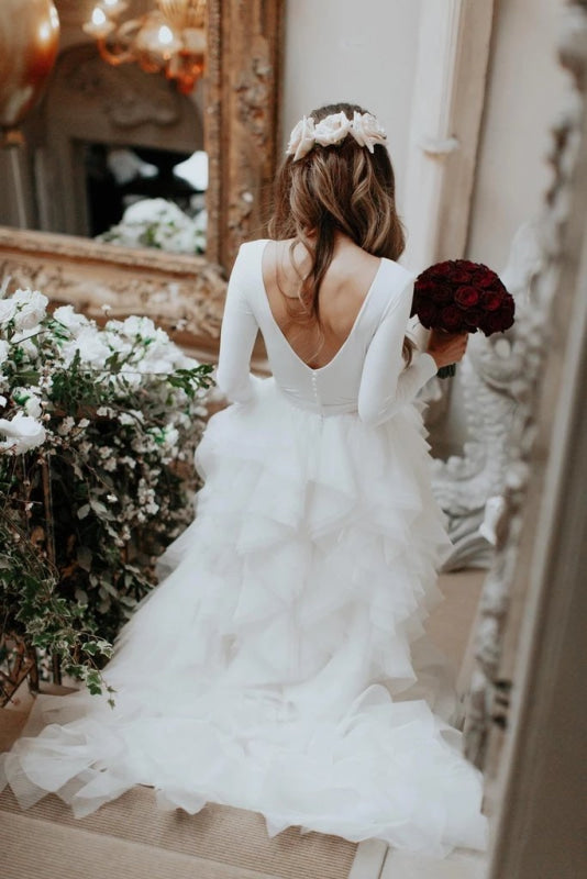 A-Line Tulle Long Sleeves Beach Wedding Dress Sweep Train