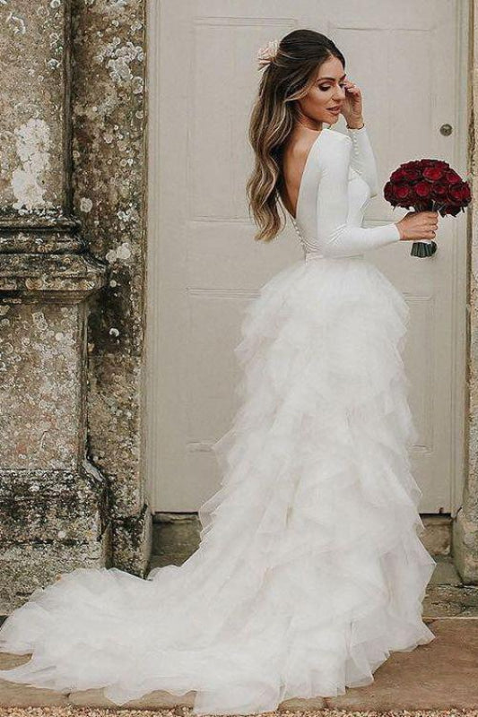 A-Line Tulle Long Sleeves Beach Wedding Dress Sweep Train