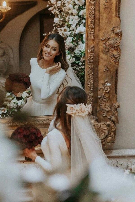 A-Line Tulle Long Sleeves Beach Wedding Dress Sweep Train