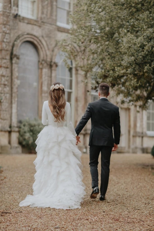 A-Line Tulle Long Sleeves Beach Wedding Dress Sweep Train