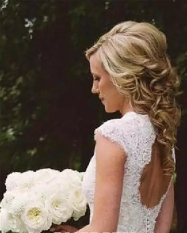 A-line V-neck Cap Sleeves Open Back Lace Beach Wedding Dress