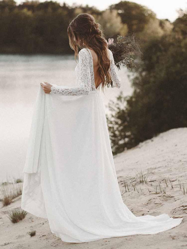 Charming A-Line V Neck Open Back Lace Wedding Dresses with Sleeves