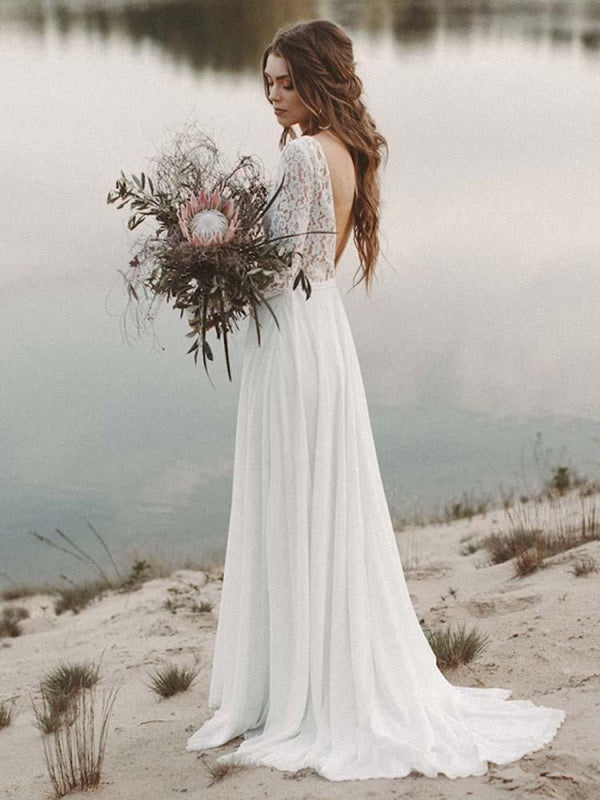 Charming A-Line V Neck Open Back Lace Wedding Dresses with Sleeves