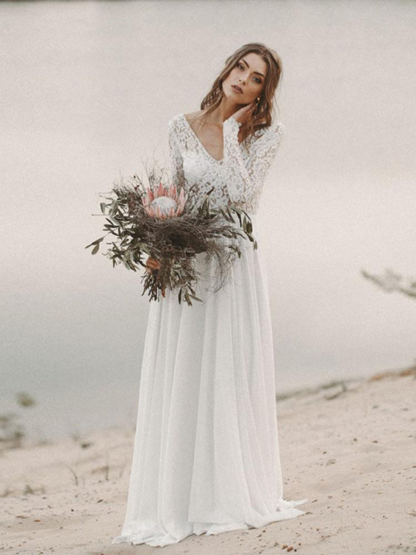 Charming A-Line V Neck Open Back Lace Wedding Dresses with Sleeves