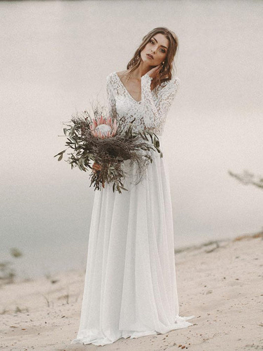 Charming A-Line V Neck Open Back Lace Wedding Dresses with Sleeves