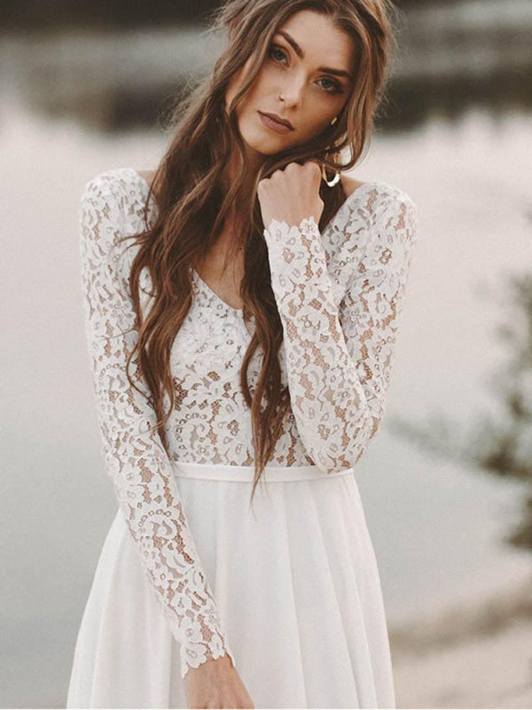Charming A-Line V Neck Open Back Lace Wedding Dresses with Sleeves