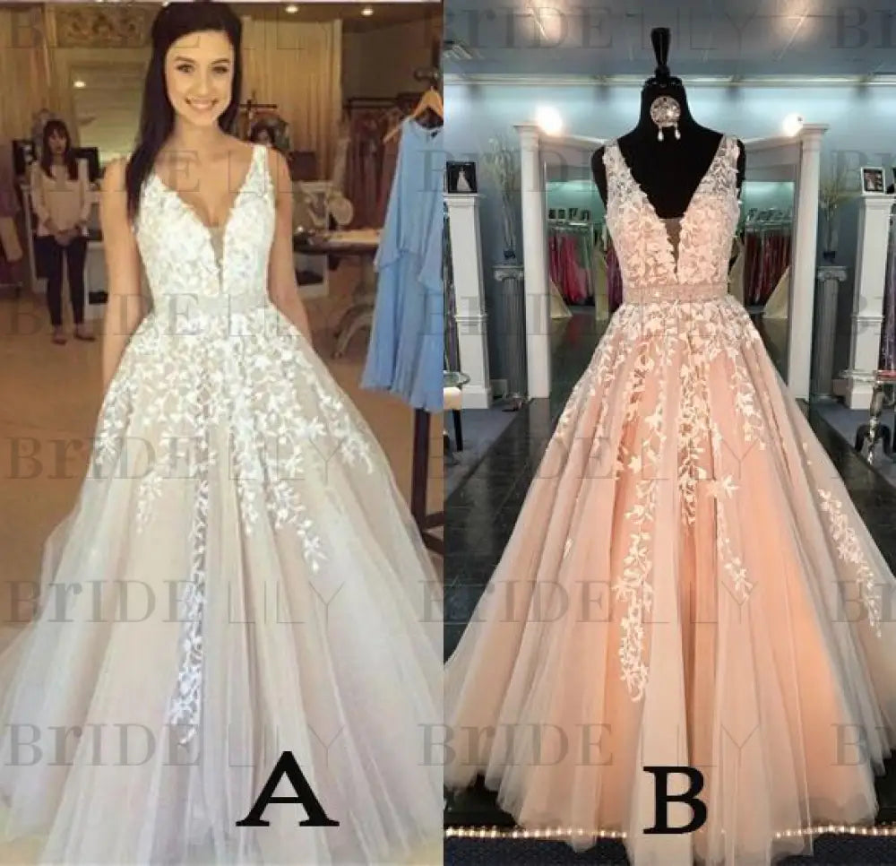 A-line V Neck Sexy Lace Appliques Long Wedding Dress