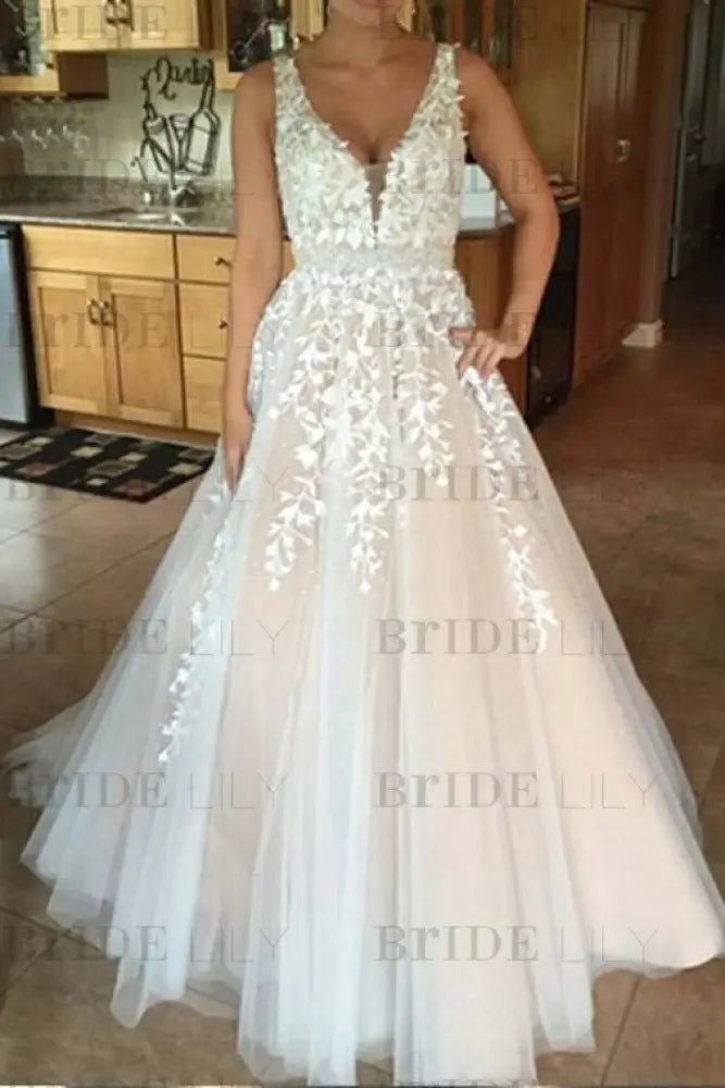 A-line V Neck Sexy Lace Appliques Long Wedding Dress