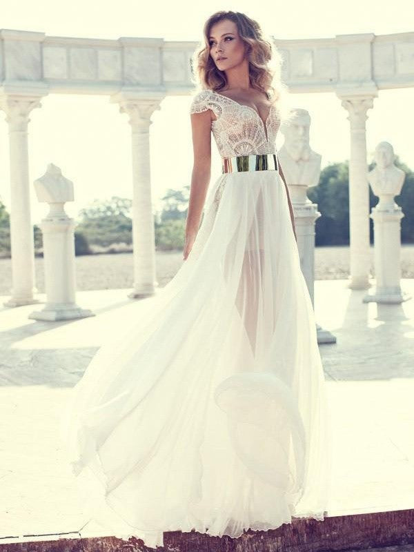 A-Line V-neck Short Sleeves Lace Chiffon Wedding Dresses with Side Split