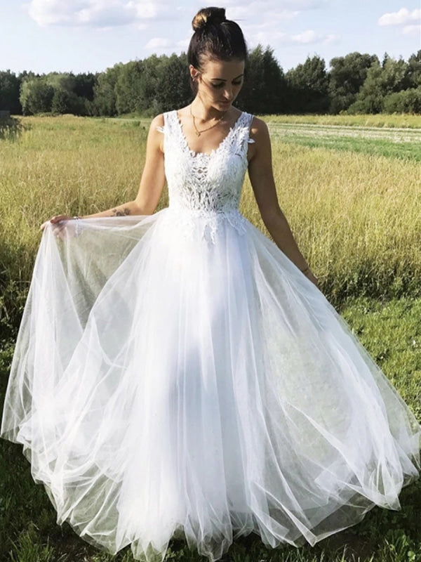 A Line V Neck Tulle Lace Aline Wedding Dresses Sleeveless