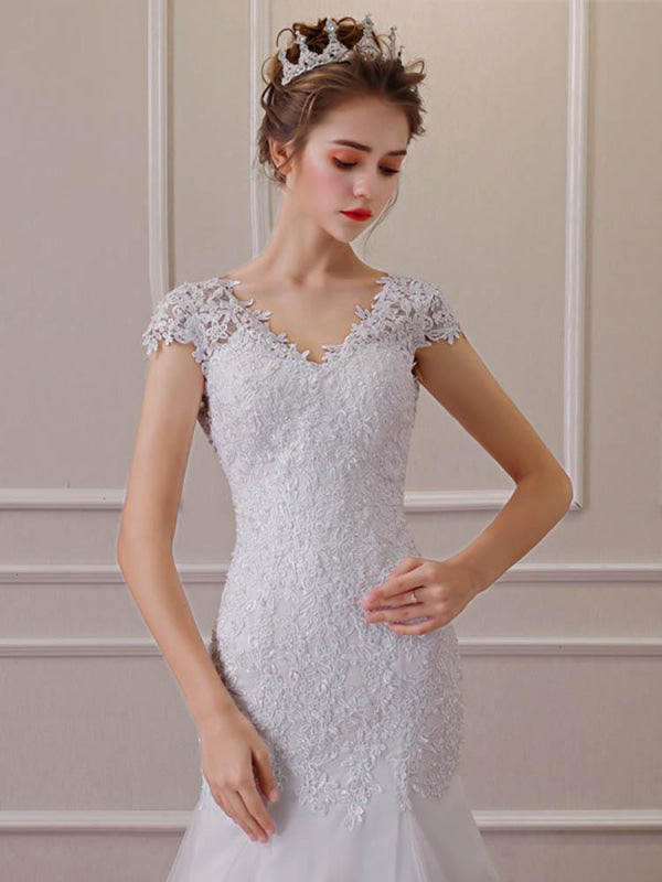 Elegant V-Neck Short Sleeves Lace Mermaid Wedding Dresses