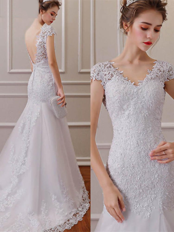 Elegant V-Neck Short Sleeves Lace Mermaid Wedding Dresses