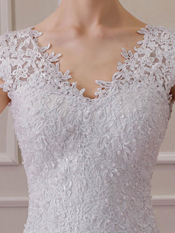 Elegant V-Neck Short Sleeves Lace Mermaid Wedding Dresses