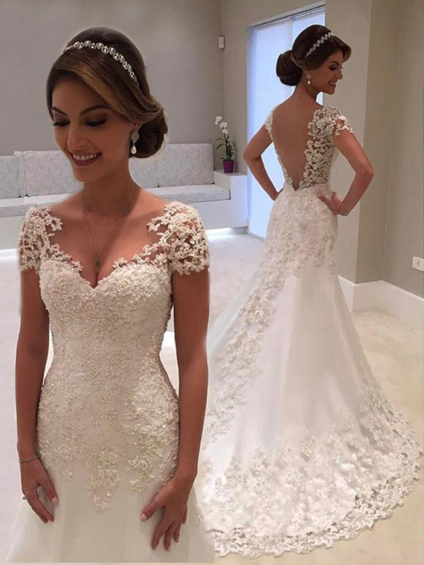 Elegant V-Neck Short Sleeves Lace Mermaid Wedding Dresses