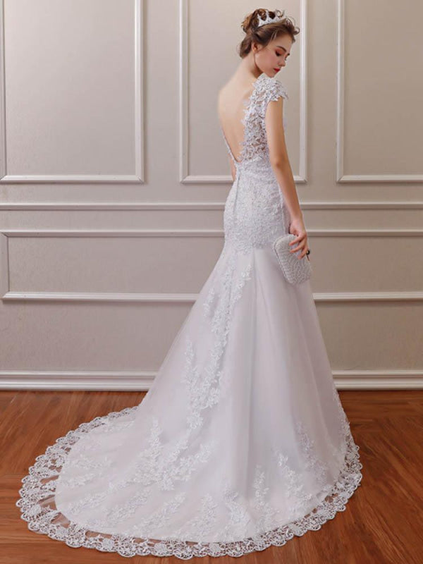 Elegant V-Neck Short Sleeves Lace Mermaid Wedding Dresses