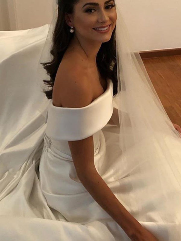 Amazing Off-the-Shoulder A-line Satin Wedding Dresses Covered Button
