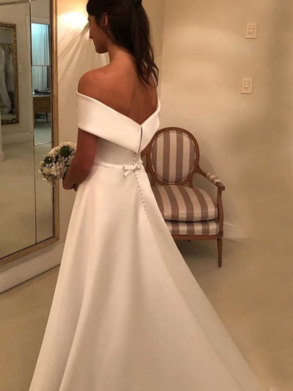Amazing Off-the-Shoulder A-line Satin Wedding Dresses Covered Button