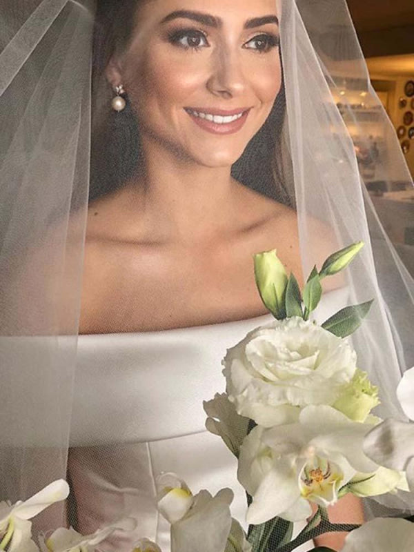 Amazing Off-the-Shoulder A-line Satin Wedding Dresses Covered Button