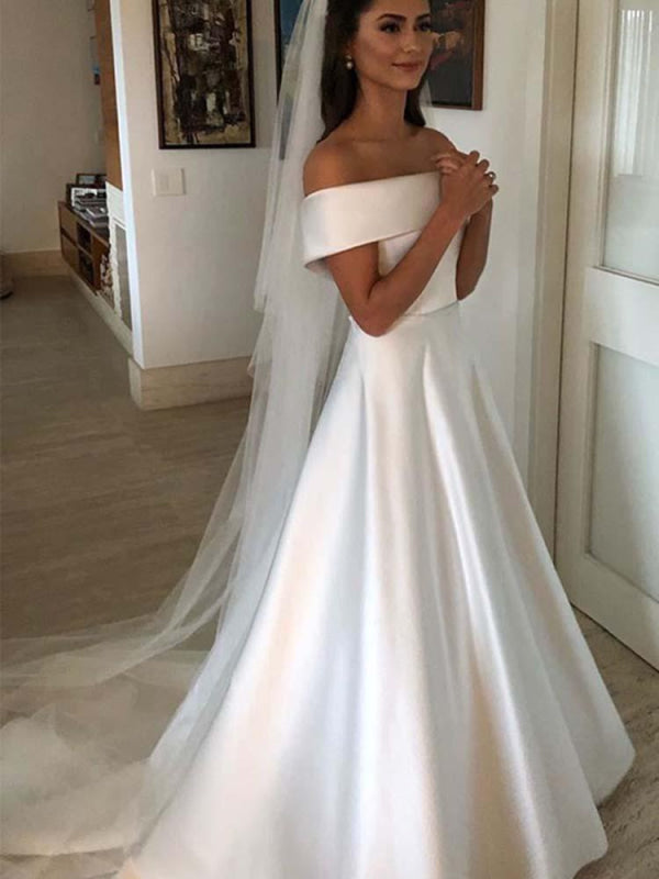Amazing Off-the-Shoulder A-line Satin Wedding Dresses Covered Button