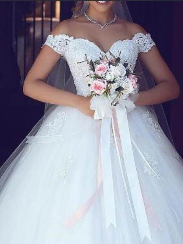 Amazing Off-the- Shoulder Lace Ball Gown Tulle Wedding Dresses