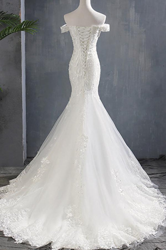 Off-the- Shoulder Lace-up Mermaid Wedding Dress with Appliques