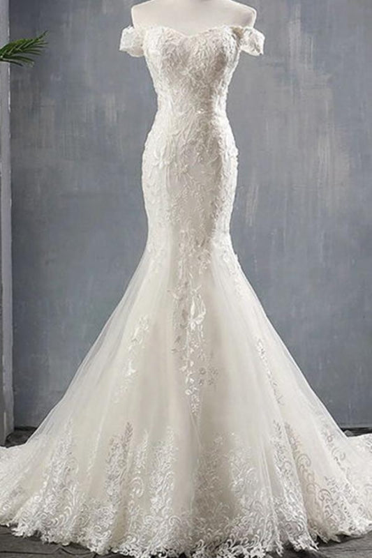 Off-the- Shoulder Lace-up Mermaid Wedding Dress with Appliques