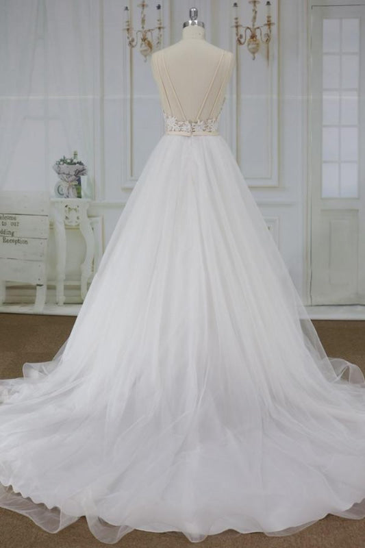 Applique Spaghetti Strap A-line Tulle Wedding Dress