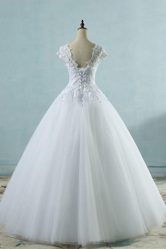 Appliques Cap Sleeve Tulle A-line Wedding Dress