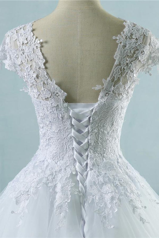 Appliques Cap Sleeve Tulle A-line Wedding Dress
