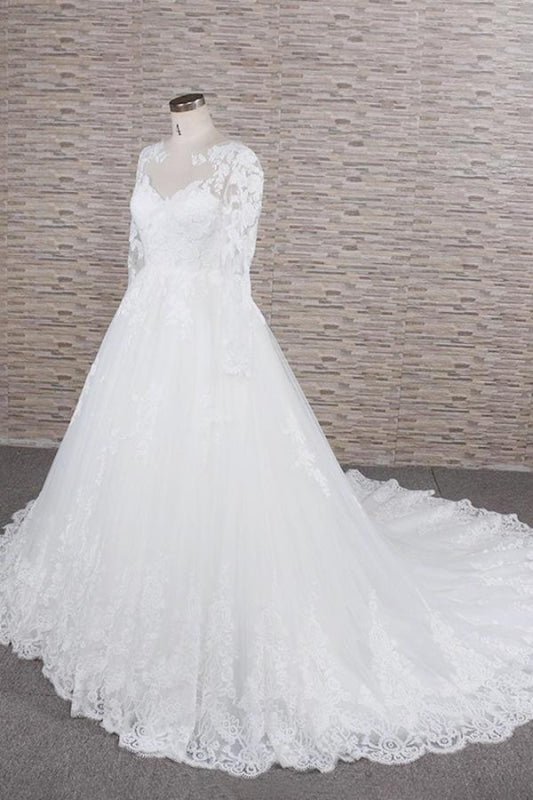 Awesome Applqiues Tulle Long Sleeve Wedding Dress