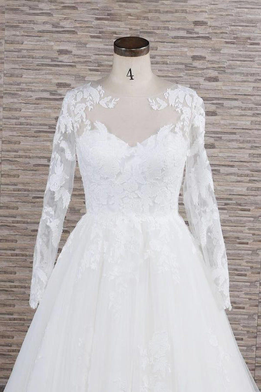 Awesome Applqiues Tulle Long Sleeve Wedding Dress