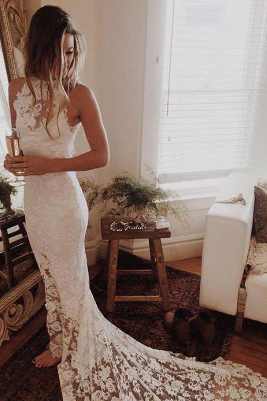 Romantic Lace Open Back Beach Mermaid Wedding Dress