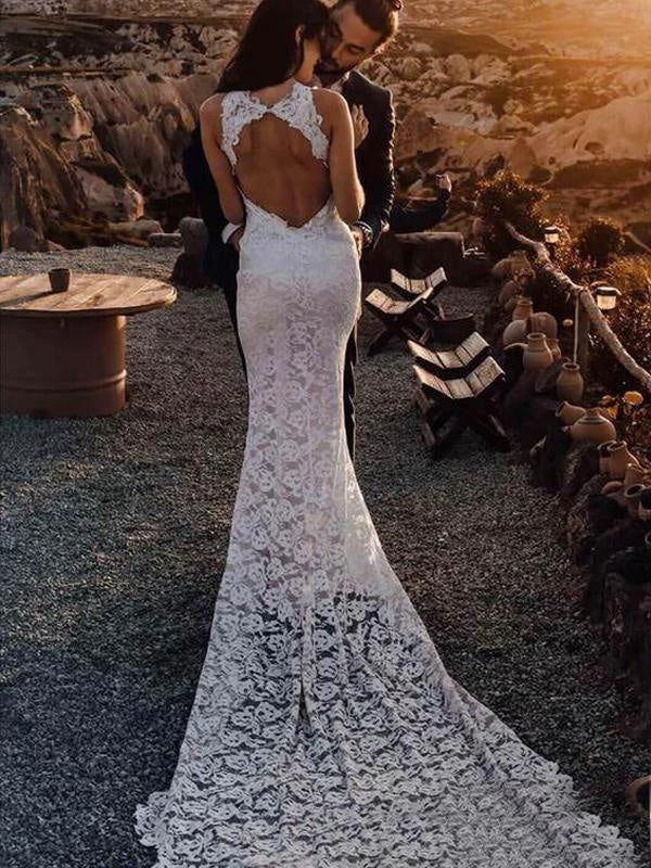 Romantic Lace Open Back Beach Mermaid Wedding Dress