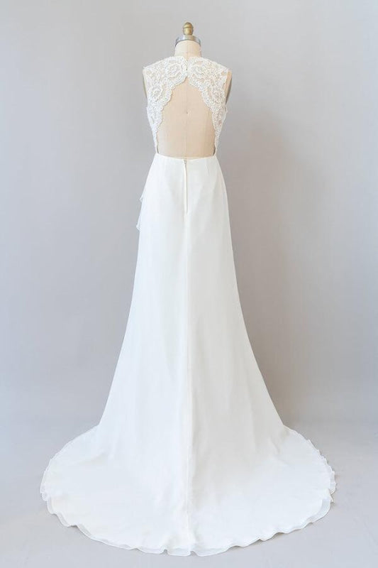 Ruffle Sleeveless Lace Chiffon Sheath Wedding Dress