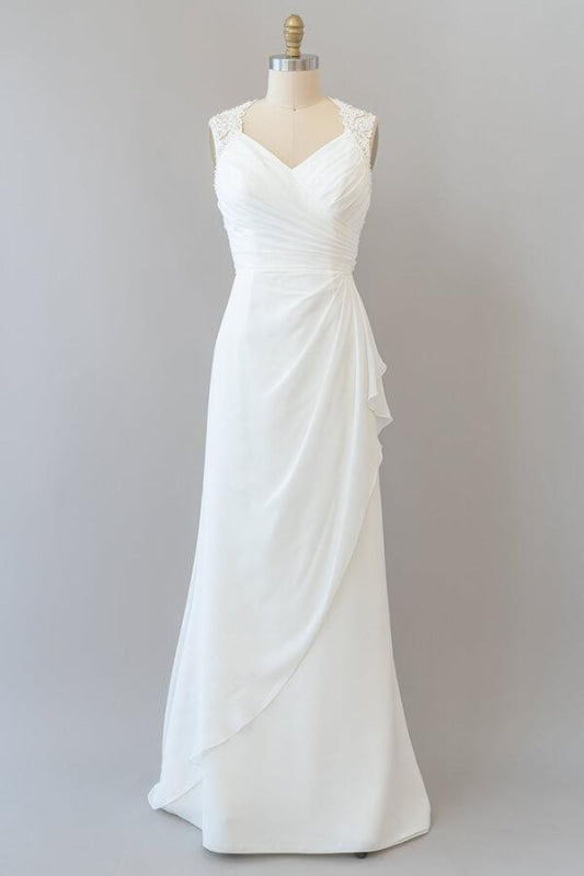 Ruffle Sleeveless Lace Chiffon Sheath Wedding Dress