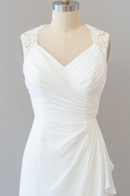 Ruffle Sleeveless Lace Chiffon Sheath Wedding Dress