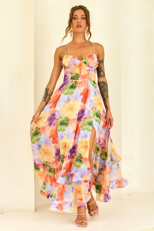 Azure Bloom Chiffon Maxi Dress - Orange Multi