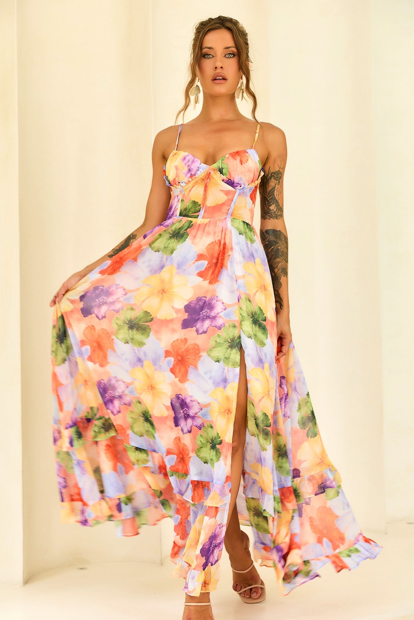 Azure Bloom Chiffon Maxi Dress - Orange Multi